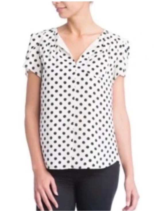 41 Hawthorn Tops - 41 HAWTHORN M Carol Tulip sleeve white-black polkadot V neck top business casual